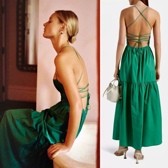 Posse Alexis Dress Topaz Green Strappy Back Maxi Sundress Tiered Cotton XS 0 2 - Picture 9 of 11